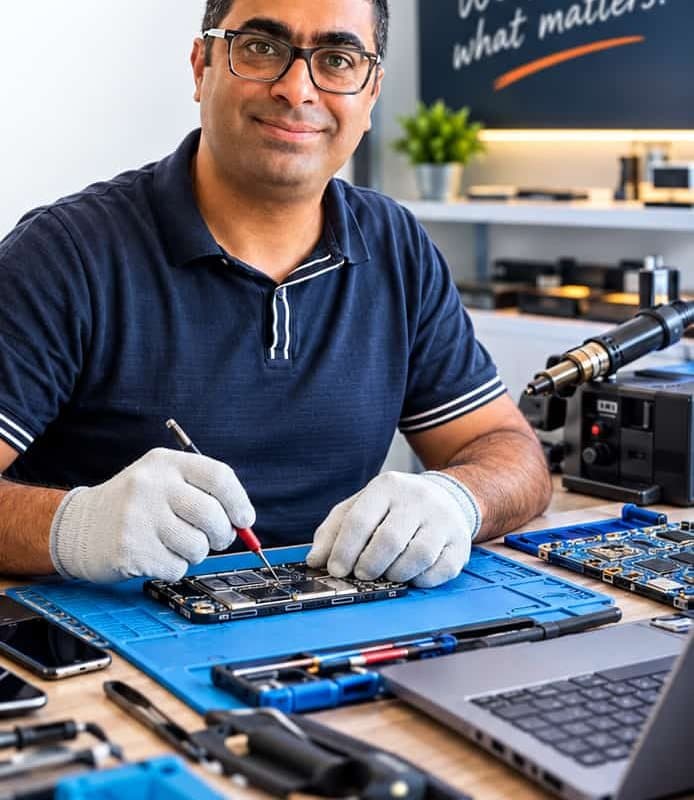 Ibrahim Turan, Inhaber von Promexa IT, arbeitet mit Pinzette an einer Smartphone-Platine auf seinem Werkstattplatz